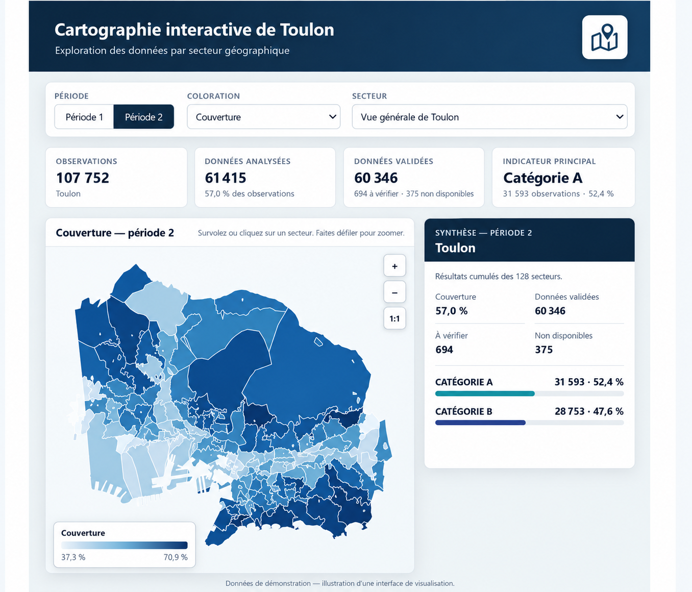 Illustration d’une interface de cartographie de Toulon : carte par secteur, filtres de période et indicateurs de synthèse.