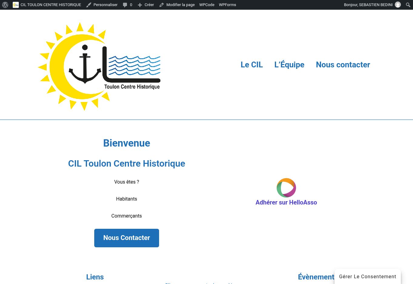 Page d’accueil du CIL Toulon Centre Historique, avec son logo, ses rubriques et le bouton de contact.